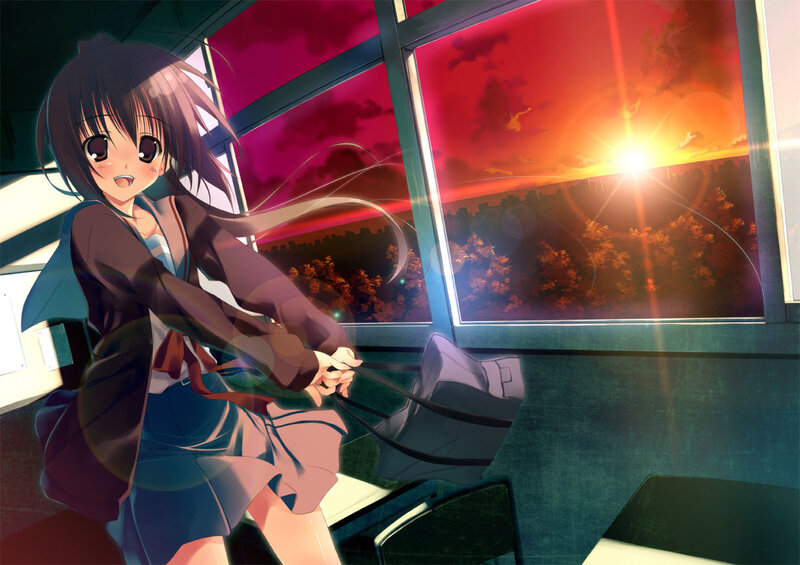Anime girl on train at sunset