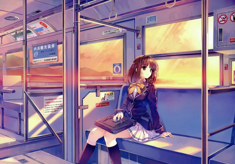 Anime girl on train at sunset