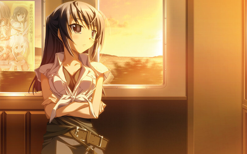 anime girl on train at sunset