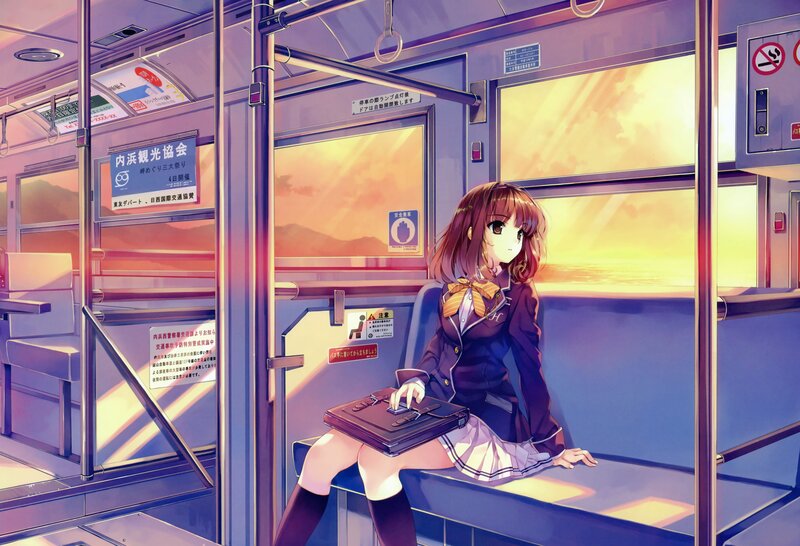 Anime girl on train at sunset