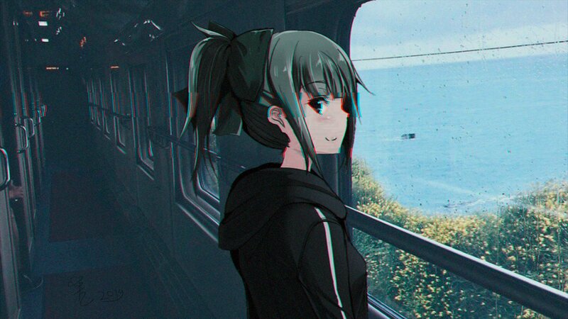 Anime Girl on Train — Blue, Calm, Afternoon, Digital Art, Ocean