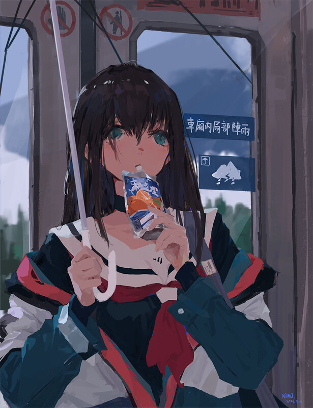 Anime Girl on Train — Blue, Calm, Afternoon, Digital Art, Umbrella
