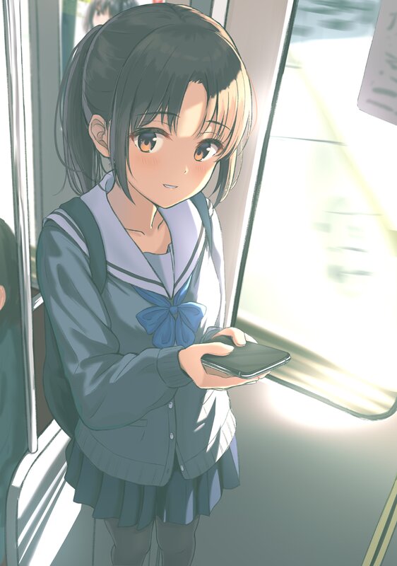 Anime Girl on Train — Blue, Calm, Morning, School Uniform, Smartphone