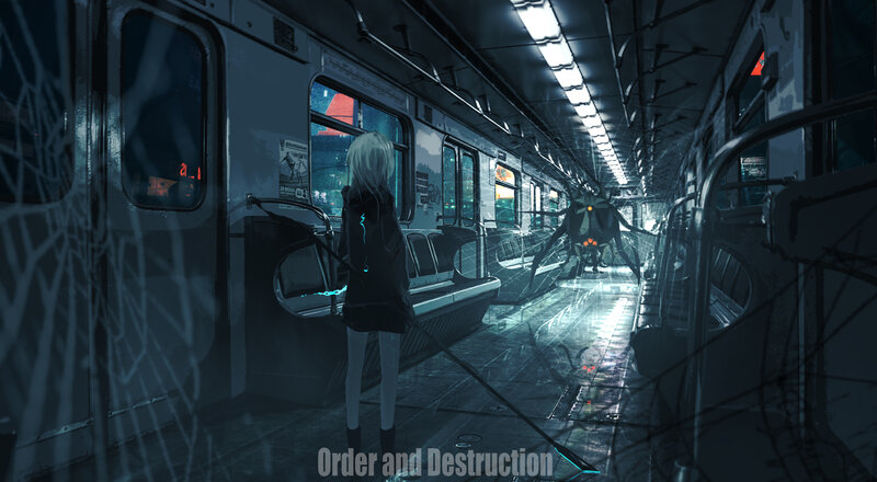 Anime Girl on Train — Blue, Dark