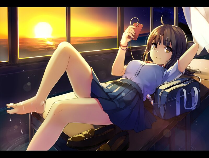 Anime Girl on Train — Blue, Serene, Sunset