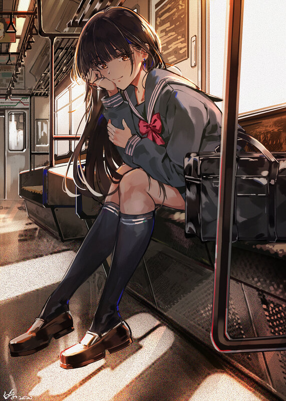Anime Girl on Train — Gray, Calm
