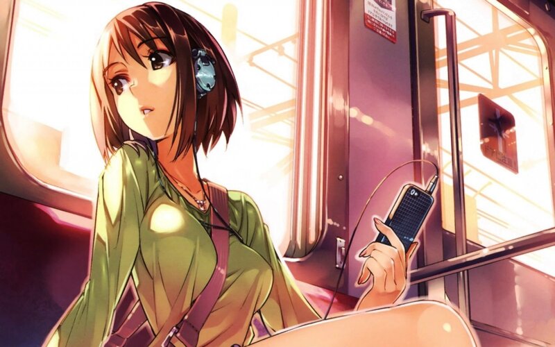 Anime Girl on Train — Green, Calm, Afternoon