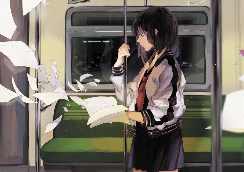 Anime Girl on Train — Green, Calm, Night
