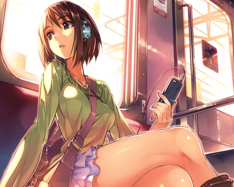 Anime Girl on Train — Green, Calm