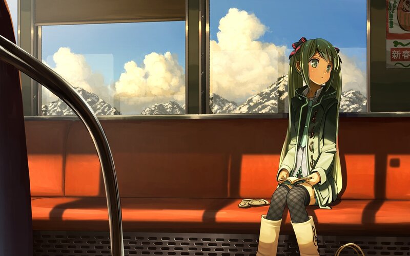 Anime Girl on Train — Green, Serene