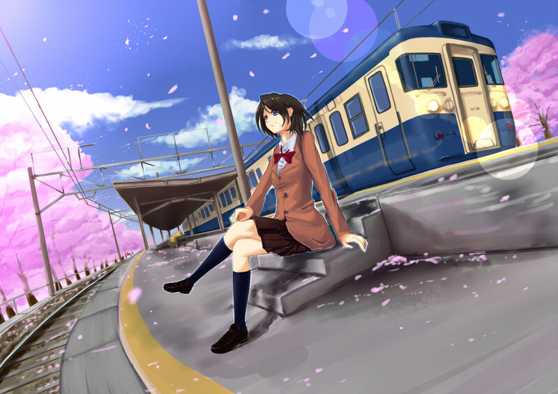 Anime Girl on Train Platform — Blue