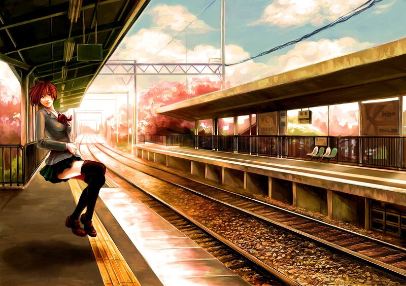 Anime Girl on Train Platform — Red, Serene