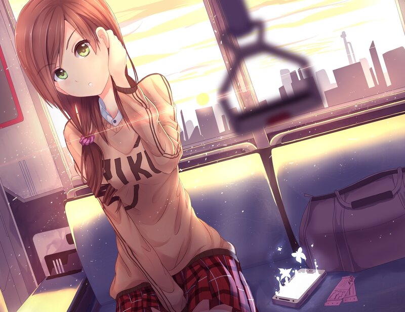 Anime Girl on Train — Purple, Calm, Sunset, City Skyline