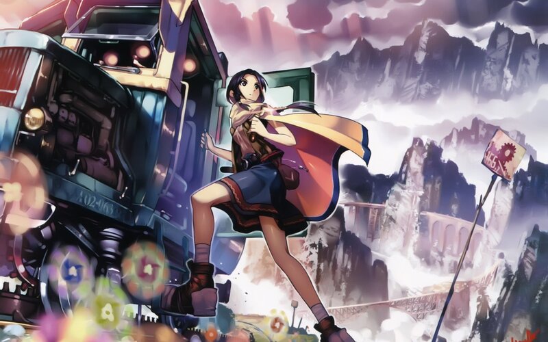 Anime Girl on Train — Purple, Dramatic, Mountains