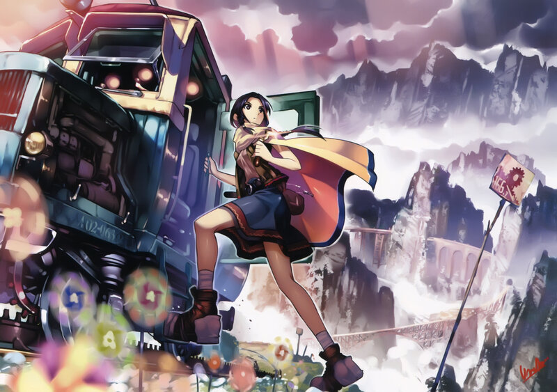 Anime Girl on Train — Purple, Dramatic, Sunset