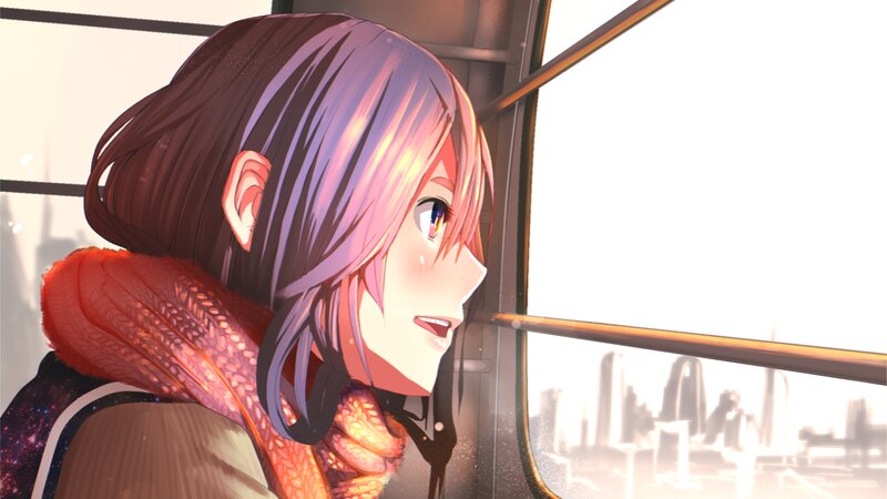 Anime Girl on Train — Purple, Serene, Sunset, Digital Art, Scarf