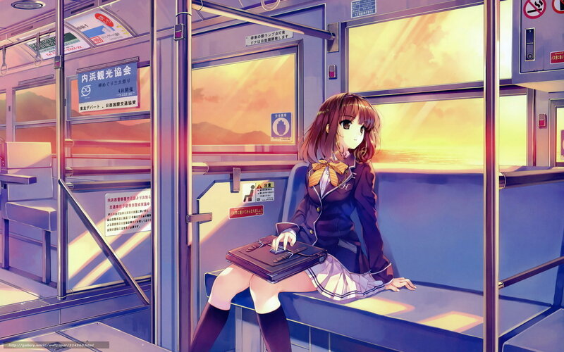 Anime Girl on Train — Purple, Serene, Sunset, Digital Art, School Uniform