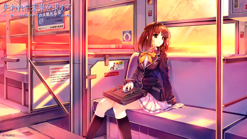 Anime Girl on Train — Purple, Serene, Sunset, Digital Art