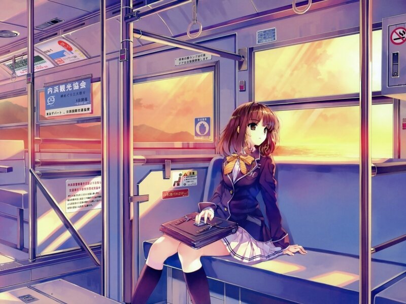 Anime Girl on Train — Purple, Serene, Sunset