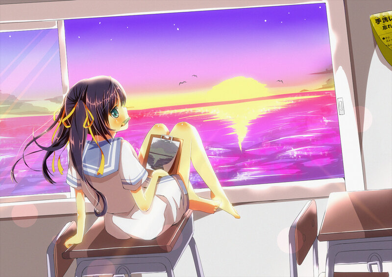 Anime Girl on Train — Purple, Serene, Sunset, Train Window