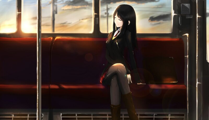Anime Girl on Train — Red, Serene, Sunset