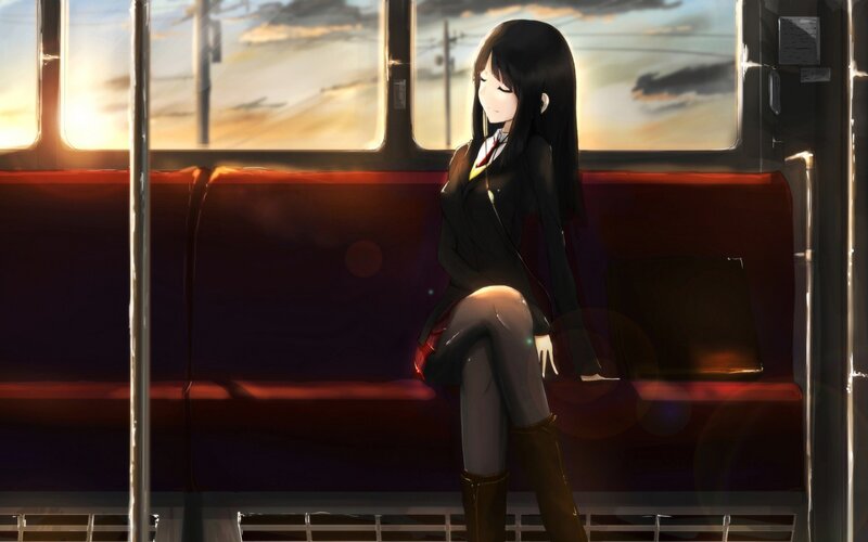Anime Girl on Train — Red, Serene, Sunset, Window