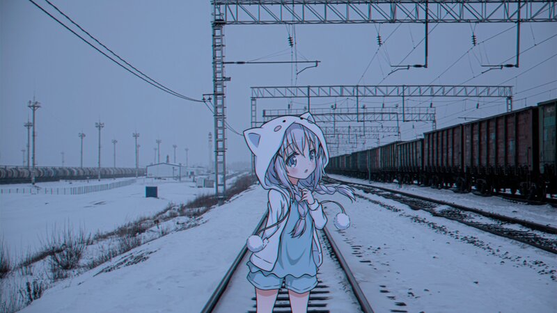 Anime Girl on Train Tracks — Blue, Cold