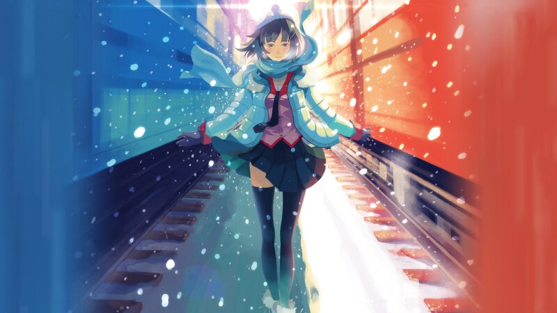 Anime Girl on Train Tracks — Blue, Dramatic, Winter