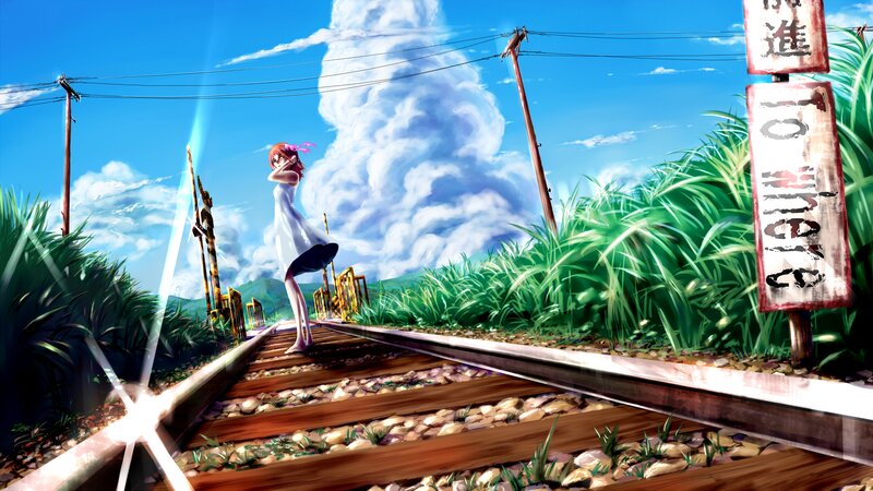 Anime Girl on Train Tracks — Blue, Serene, Afternoon, Digital Art