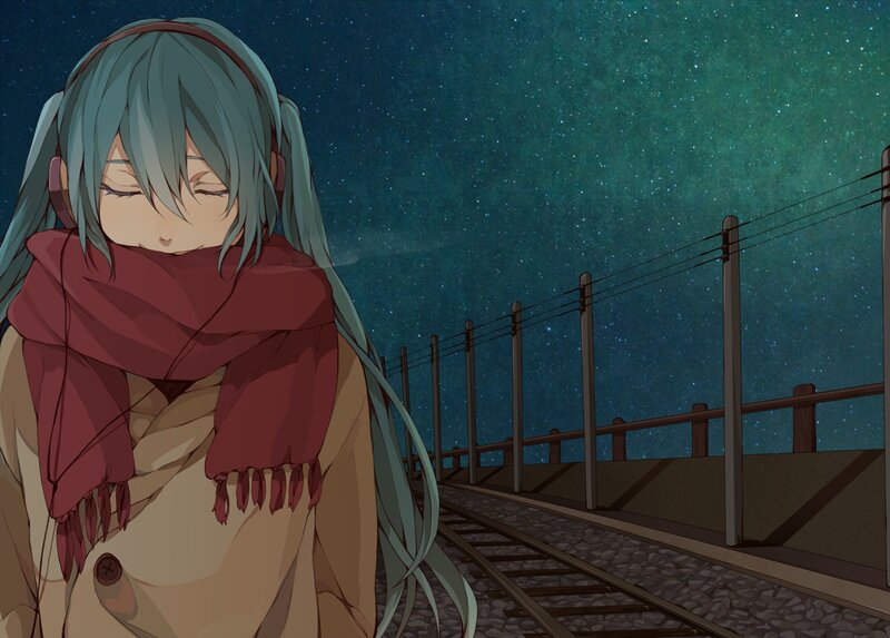 Anime Girl on Train Tracks — Blue, Serene