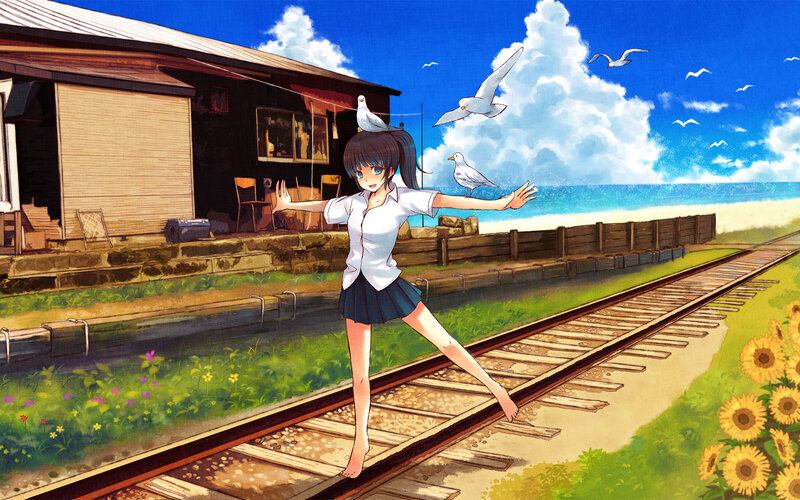 Anime Girl on Train Tracks — Blue