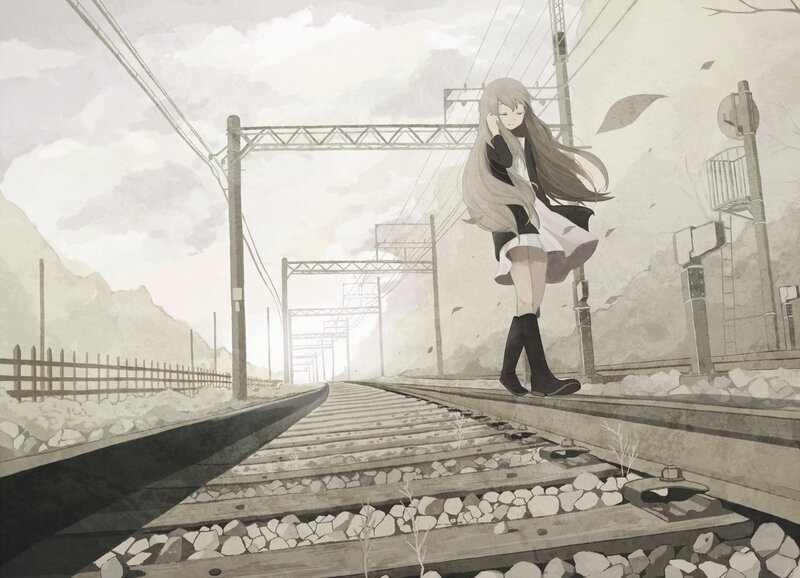 Anime Girl on Train Tracks — Gray, Melancholic