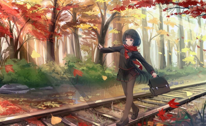 Anime Girl on Train Tracks — Red