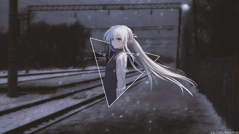 Anime Girl on Train Tracks — White