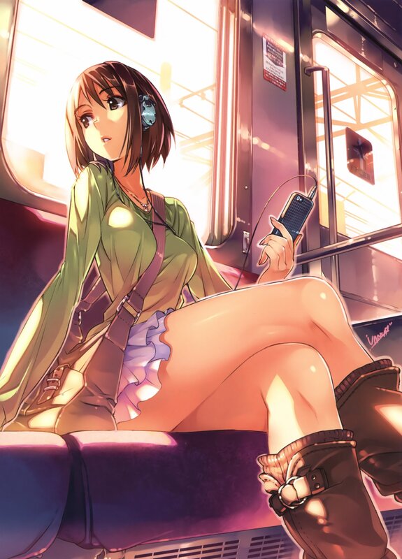 Anime girl on train with phone