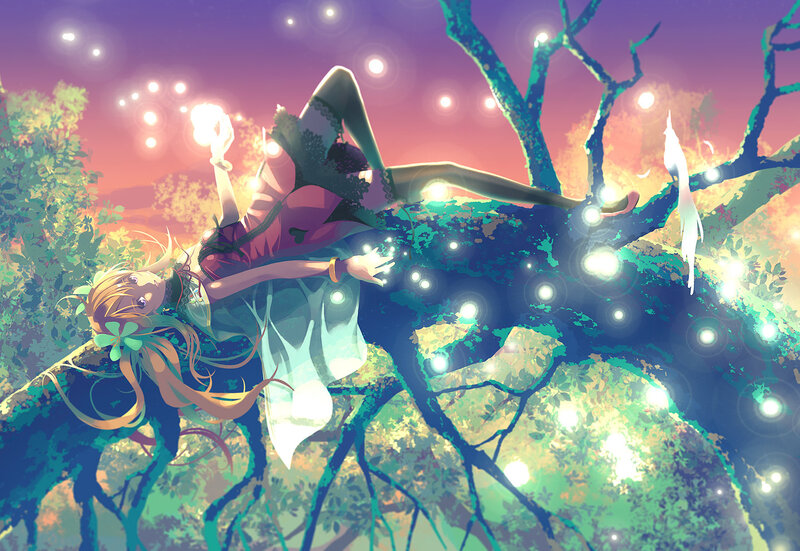 Anime girl on tree branch