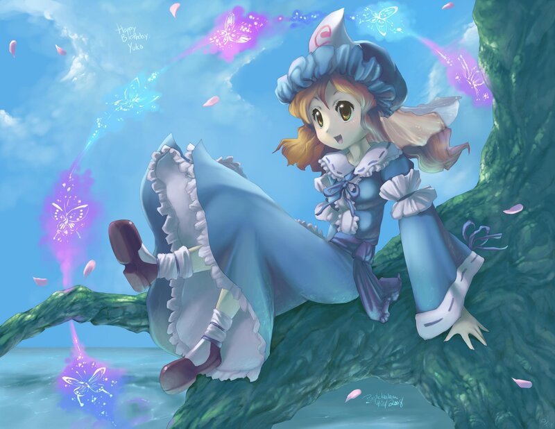 Anime Girl on Tree Branch — Blue, Serene