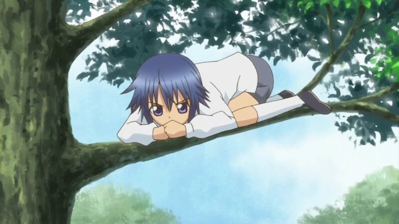Anime Girl on Tree Branch — Blue