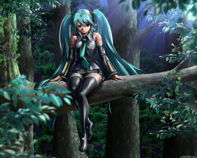 Anime Girl on Tree Branch — Green, Serene, Night, Digital Art, Forest