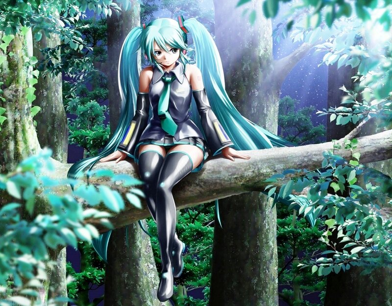 Anime Girl on Tree Branch — Green, Serene, Night, Digital Art