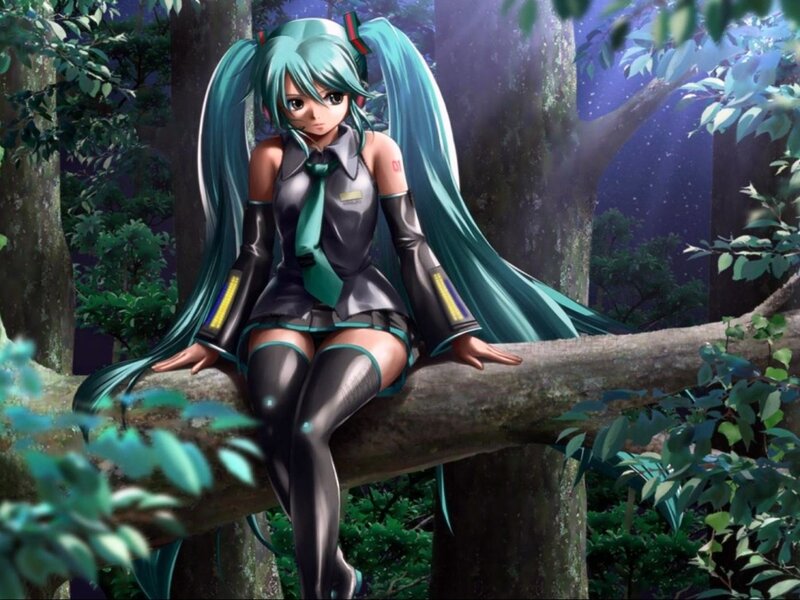 Anime Girl on Tree Branch — Green, Serene