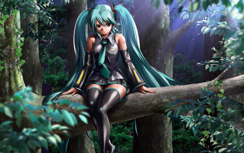 Anime Girl on Tree Branch — Green