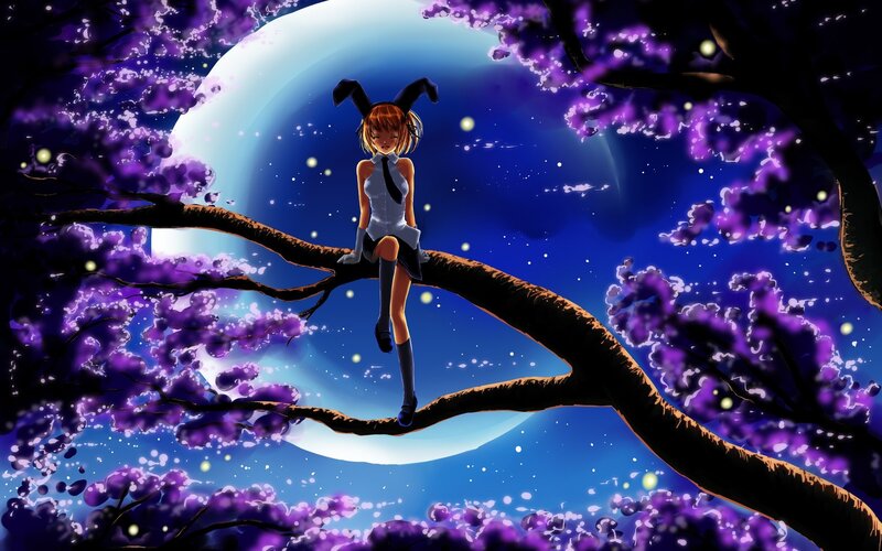 Anime Girl on Tree Branch — Purple, Serene