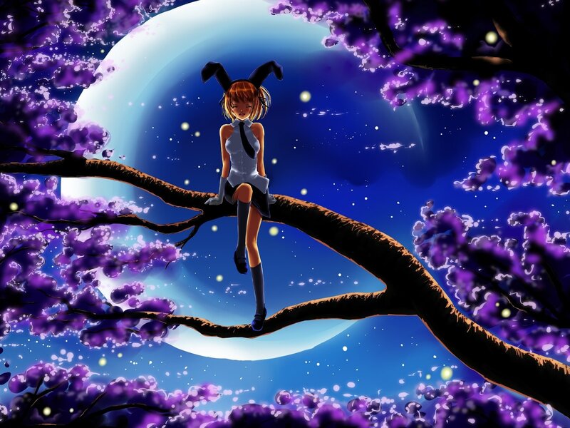 Anime Girl on Tree Branch — Purple