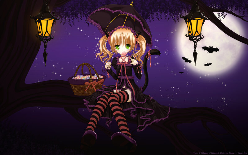 Anime Girl on Tree Branch — Purple, Whimsical