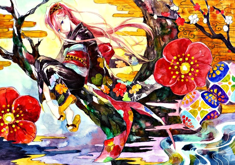 Anime Girl on Tree Branch — Red