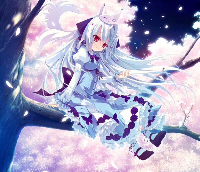 Anime Girl on Tree Branch — White