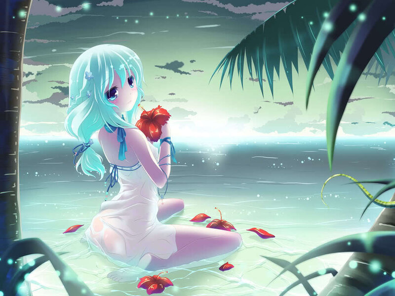 Anime girl on tropical beach