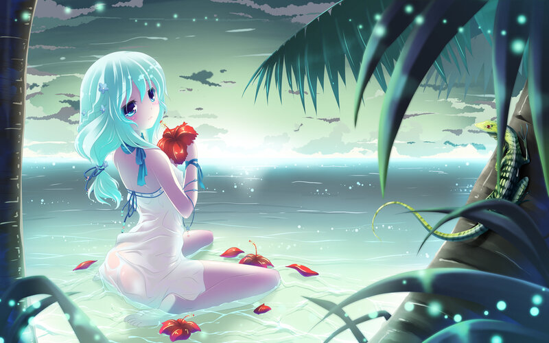 Anime girl on tropical beach