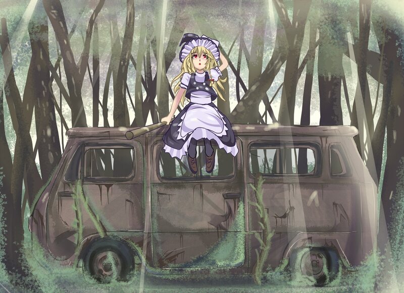anime girl on van in forest
